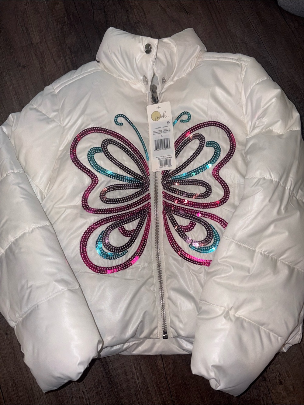 Nordstrom White Puffer Jacket with Sequin Butterfly